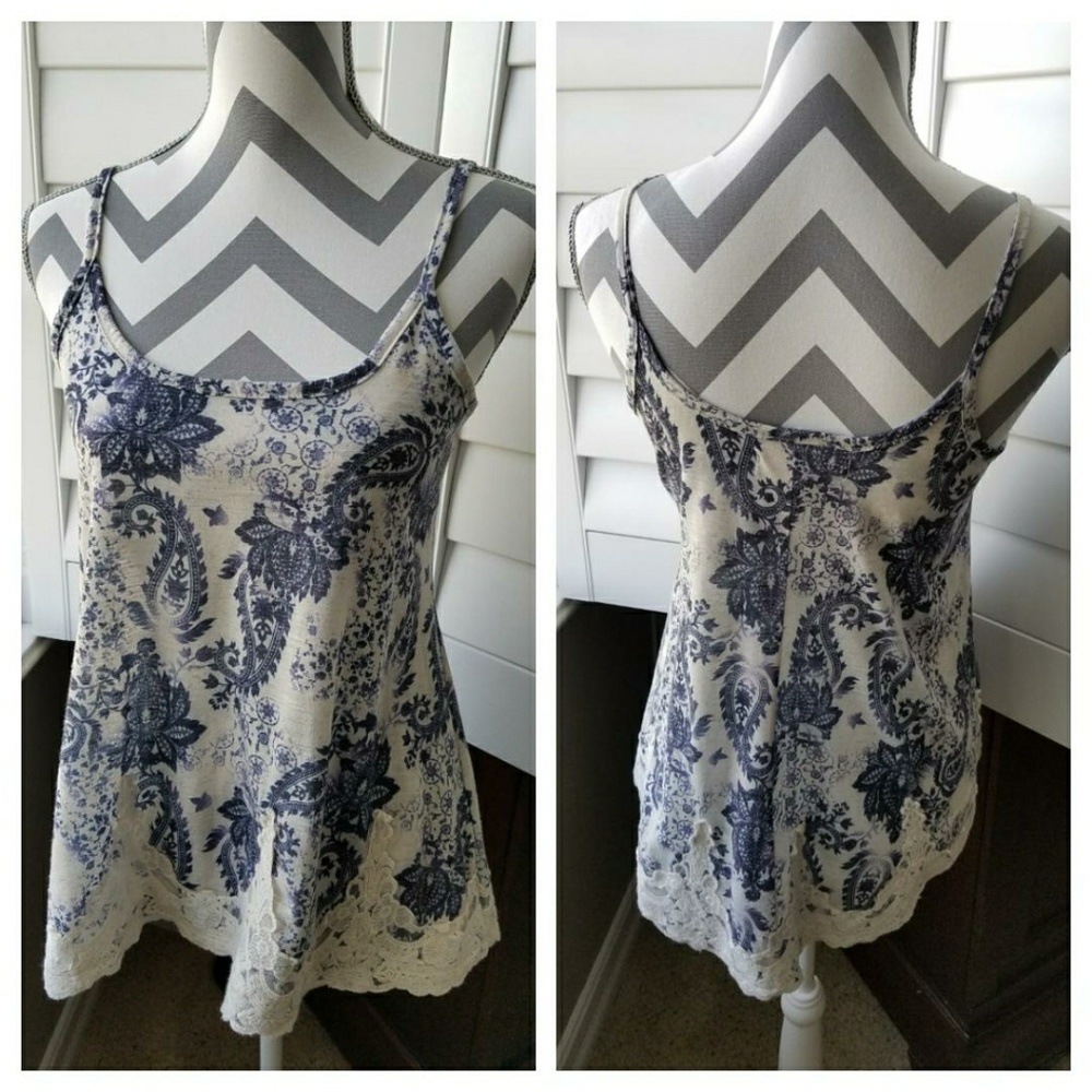 Pretty Blue China Print Tank with Lace Accent
